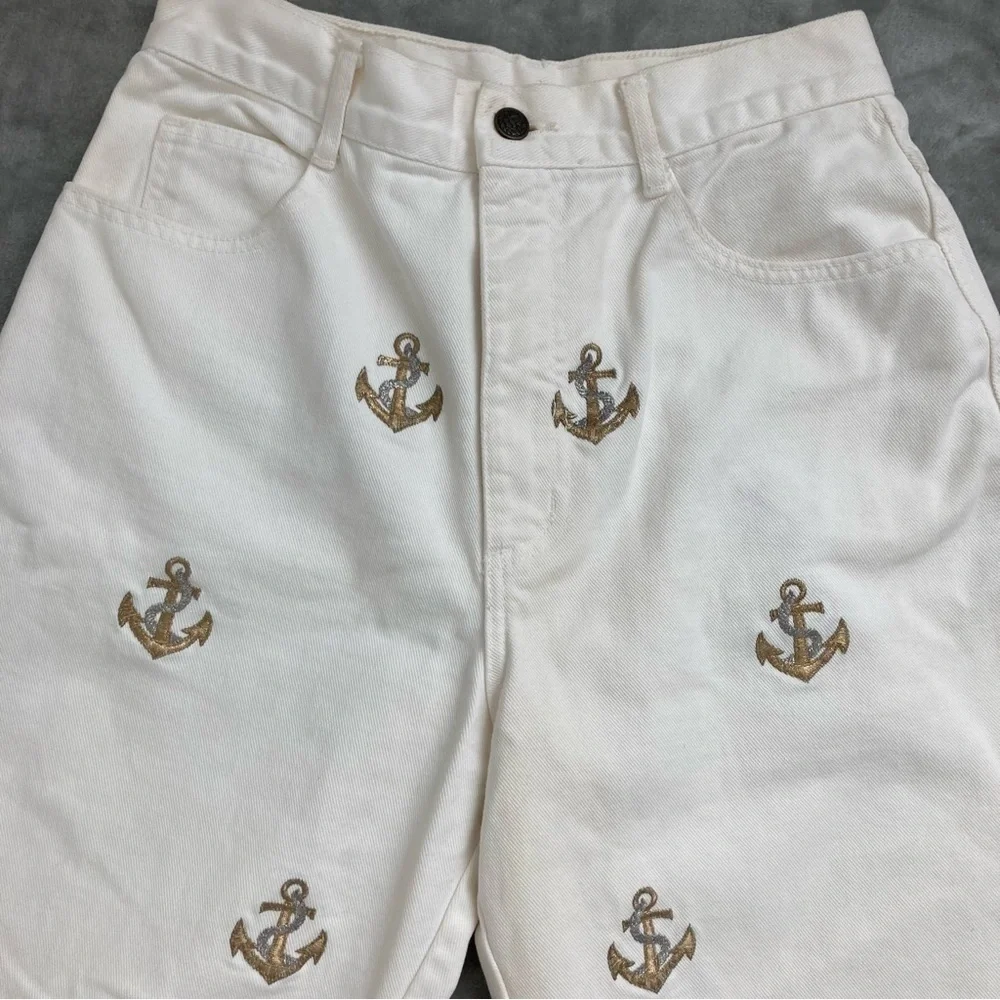 La Costa Spa Vintage White High Rise Jeans Gold Silver Anchor Embroidery Sz 10